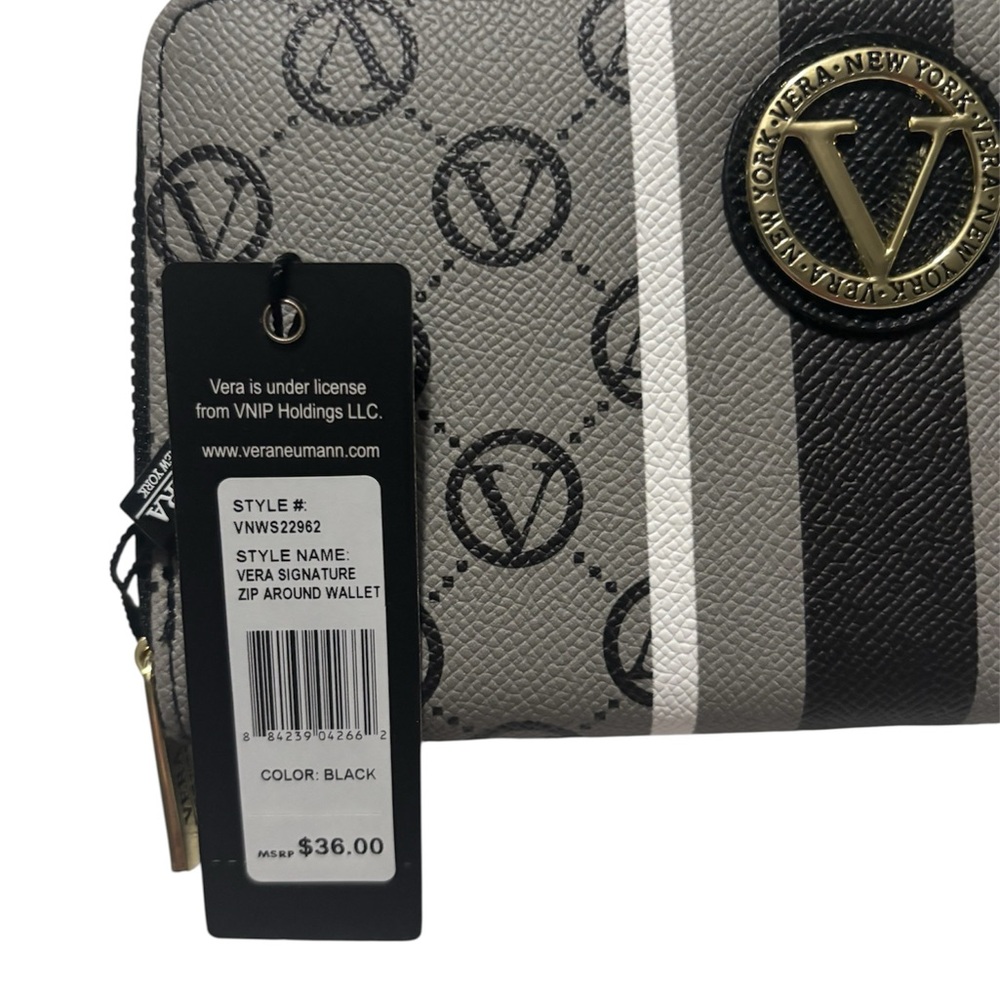 Vera Signature Zip-Around Wallet - Black & Gray Stripe
